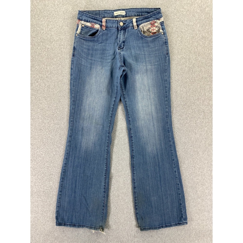 Ranch‎ Dress'N Women Aztec Design Blue Denim Jeans Size 10 (30x33) Bootcut Rodeo